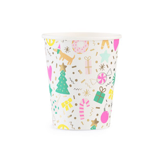 This is a multicolor party decorations by Jollity and Co called merry + bright 9 oz cups. - set of 8 in standard