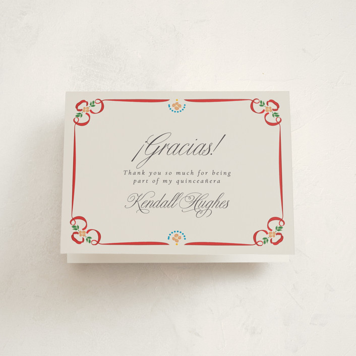"Folklore Bloom" - Quinceañera Thank You Cards in Cherry by Ana de Sousa.