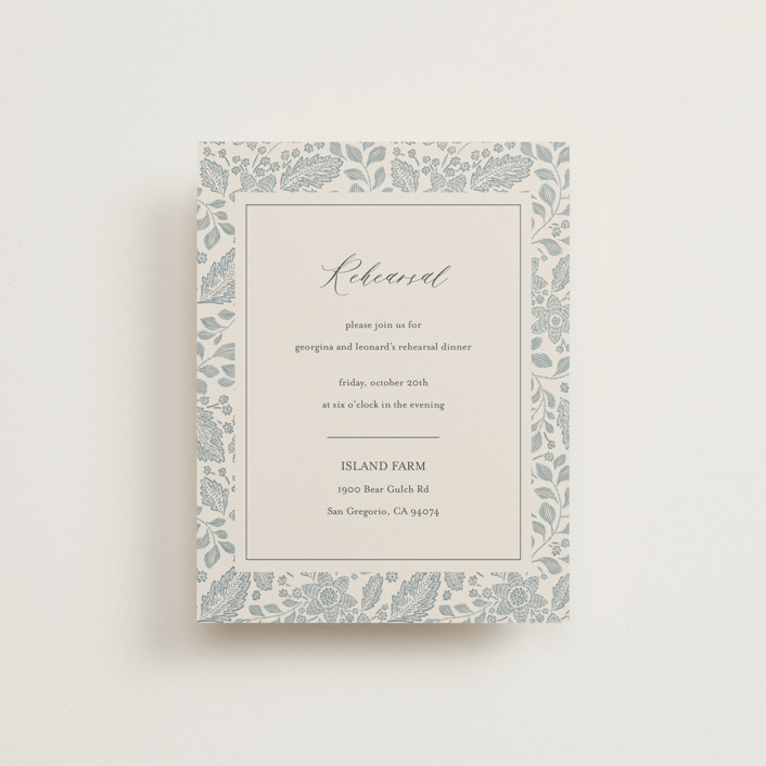 "Embroidered" - Rehearsal Dinner Cards in Dusty Blue by Jen Owens.