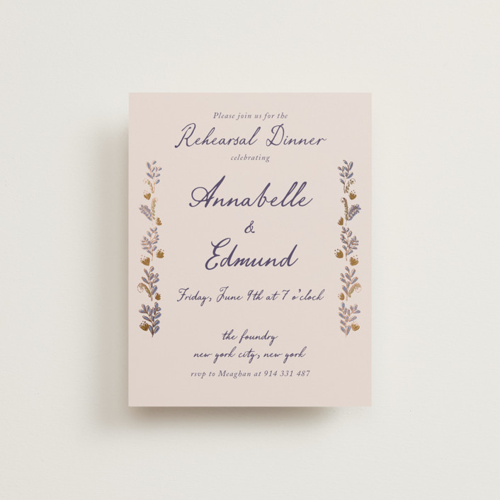 "Together in Bloom" - Foil-pressed Rehearsal Dinner Cards in Wisteria by Monika Konieczna.