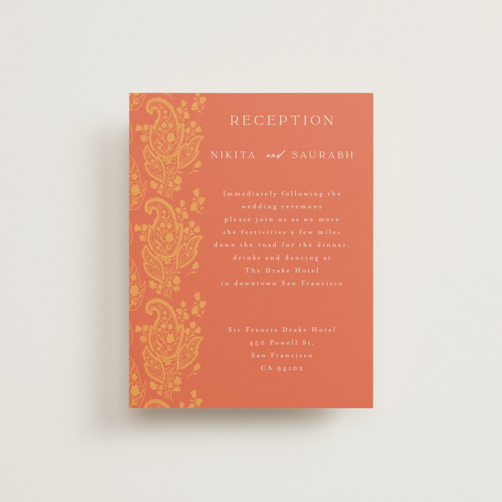 "Heritage Paisley" - Bohemian Reception Cards in Tangerine by Kanika Mathur.