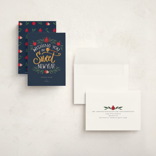 This is a navy rosh hashanah cards with standard by Cindy Reynolds called sweet new year printing on signature in petite