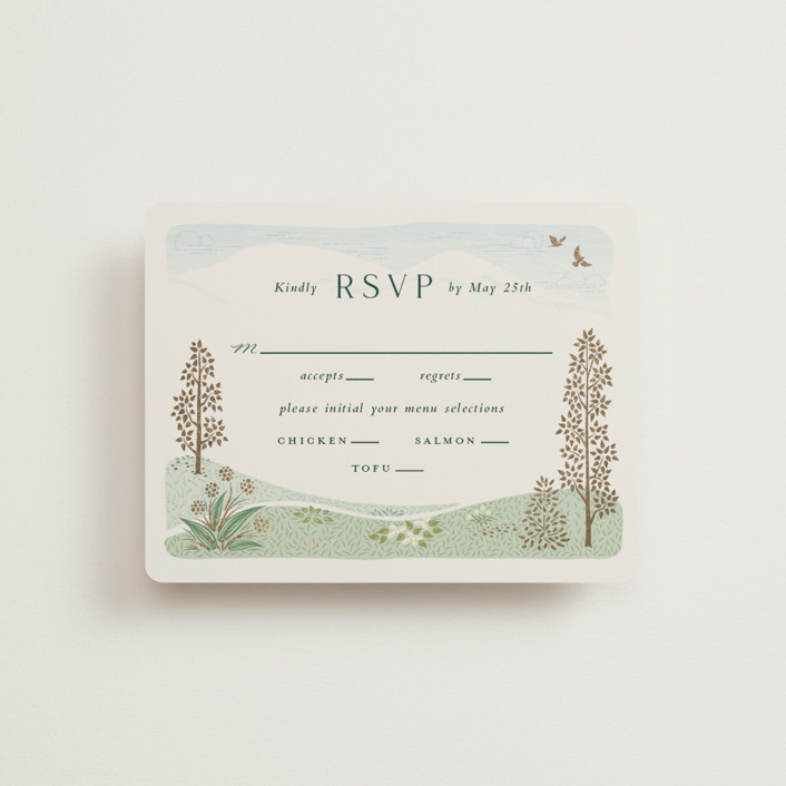 "Mountaintop" - Destination, Rustic Foil-pressed Rsvp Cards in Evergreen by Paper Sun Studio.