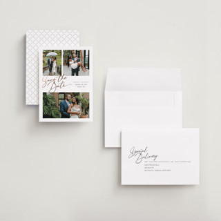 This is a pearl foil stamped save the date cards with foil pressed by Melanie Kosuge called three printing on recycled smooth signature in grand