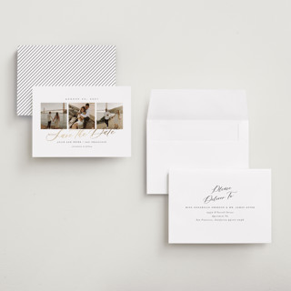 This is a pearl foil stamped save the date cards with foil pressed by Sarah Brown called topside printing on recycled smooth signature in grand