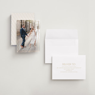 This is a cloud foil stamped save the date cards with foil pressed by Kaydi Bishop called scalloped border printing on recycled smooth signature in grand