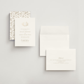 This is a champagne foil stamped save the date cards with foil pressed by Cass Loh called floral crest printing on signature in grand