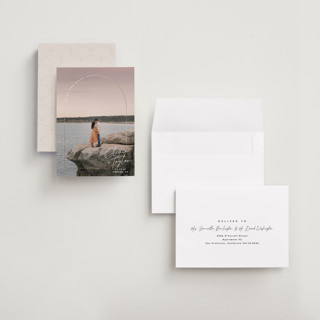 This is a classic foil stamped save the date cards with foil pressed by Kelly Schmidt called arch signature printing on recycled smooth signature in grand