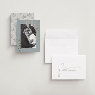 This is a pebble foil stamped save the date cards with foil pressed by Susan Zinader called picturesque printing on recycled smooth signature in grand