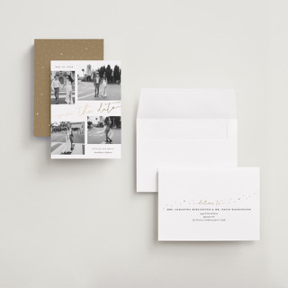 This is a snow foil stamped save the date cards with foil pressed by Sarah Curry called minimal holiday gallery printing on recycled smooth signature in grand