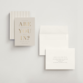 This is a taupe foil stamped save the date cards with foil pressed by Sara Hicks Malone called are you in? printing on signature in grand