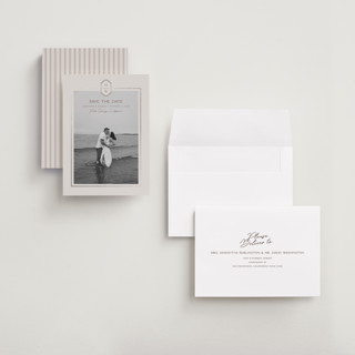 This is a dove petite save the dates with foil pressed by Rachelle Clarke called modern monogram printing on recycled smooth signature in petite