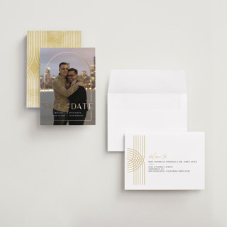 This is a cloud petite save the dates with foil pressed by silverscreen studio called deco arch printing on recycled smooth signature in petite