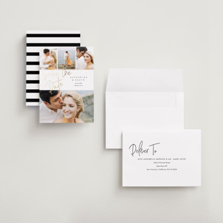 This is a cotton petite save the dates with foil pressed by Stacey Meacham called can't wait printing on recycled smooth signature in petite