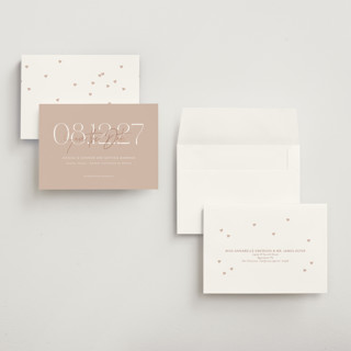 This is a blush petite save the dates with foil pressed by Jennifer Postorino called foil overlay printing on signature in petite