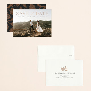 This is a charcoal petite save the dates with foil pressed by Morgan Kendall called classic lettering printing on recycled smooth signature in petite