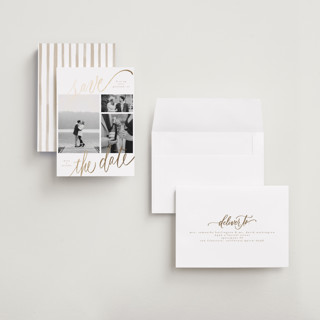 This is a veil petite save the dates with foil pressed by Elsa Duncan called tri-photo save the date printing on recycled smooth signature in petite