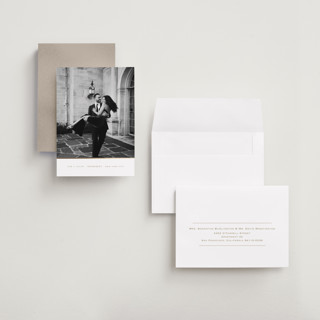 This is a golden petite save the dates with foil pressed by Ani Somi called joie printing on recycled smooth signature in petite