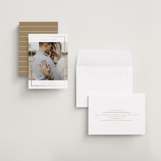 This is a latte petite save the dates with foil pressed by Rebecca Durflinger called contempo frame printing on recycled smooth signature in petite