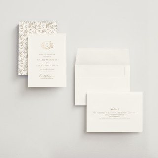 This is a champagne petite save the dates with foil pressed by Cass Loh called floral crest printing on signature in petite