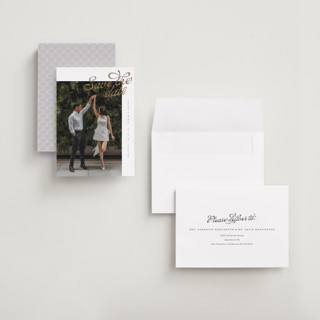 This is a pearl petite save the dates with foil pressed by Chryssi Tsoupanarias called swirling printing on recycled smooth signature in petite