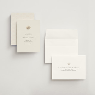 This is a sand petite save the dates with foil pressed by Hannah Bowman called simple seashell printing on signature in petite