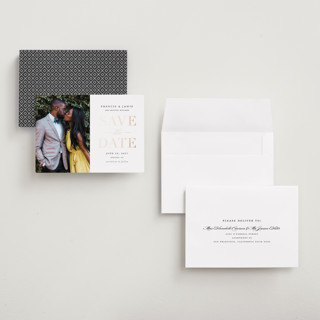 This is a gold giltz petite save the dates with foil pressed by Stacey Meacham called simply striking printing on recycled smooth signature in petite