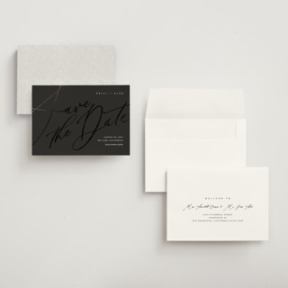 This is a noir petite save the dates with foil pressed by Eric Clegg called brush script printing on signature in petite