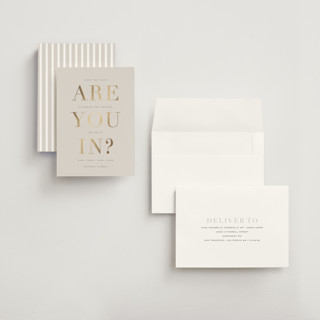 This is a taupe petite save the dates with foil pressed by Sara Hicks Malone called are you in? printing on signature in petite