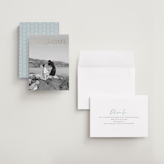 This is a moonstone petite save the dates with foil pressed by Olivia Raufman called breathtaking printing on recycled smooth signature in petite