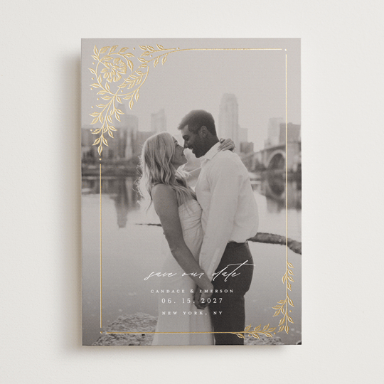 "Gilded nouveau frame" - Vintage, Rustic Foil-pressed Save The Date Cards in Ivory by Ana de Sousa.