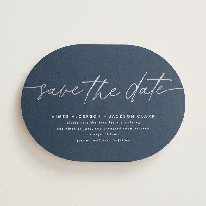 "At Last" - Modern Foil-pressed Save The Date Cards in Navy by Susan Asbill.