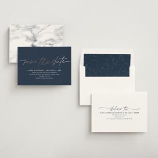 This is a navy foil stamped save the date cards with foil pressed by Susan Asbill called at last printing on signature in standard