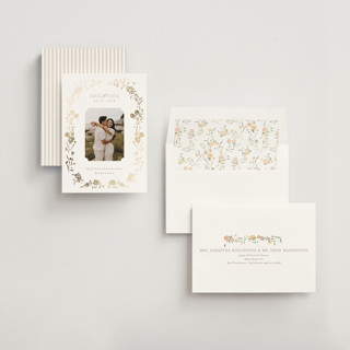 This is a gold summer foil stamped save the date cards with foil pressed by Erin L. Wilson called victorian trellis printing on recycled smooth signature in standard