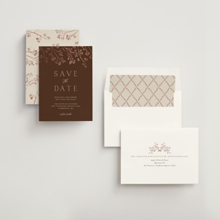 This is a mahogany foil stamped save the date cards with foil pressed by frau brandt called shining florals printing on signature in standard