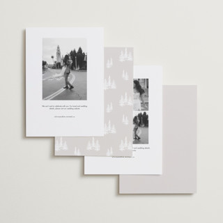 This is a snow foil stamped save the date cards with foil pressed by Stacy Maalouf called gilded forest printing on recycled smooth signature in standard