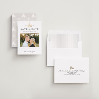 This is a snow foil stamped save the date cards with foil pressed by Stacy Maalouf called gilded forest printing on recycled smooth signature in standard