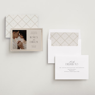 This is a champagne foil stamped save the date cards with foil pressed by Kristin Oliversen called luxe lines printing on recycled smooth signature in standard