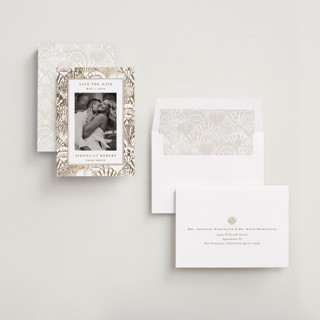 This is a pearl foil stamped save the date cards with foil pressed by Maria Alou called by the seashore printing on recycled smooth signature in standard