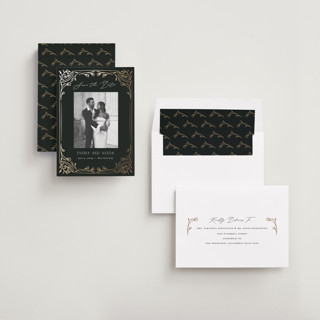 This is a onyx foil stamped save the date cards with foil pressed by Nicoletta Savod called majesty printing on recycled smooth signature in standard