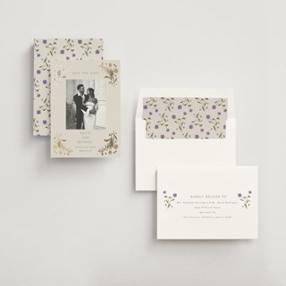 This is a petal foil stamped save the date cards with foil pressed by Nicoletta Savod called parisian garden printing on recycled smooth signature in standard