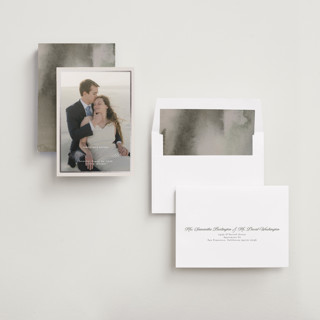 This is a antique foil stamped save the date cards with foil pressed by Nicole Walsh called tux printing on recycled smooth signature in standard