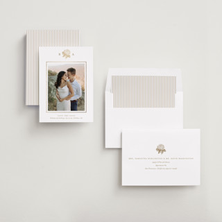 This is a cotton foil stamped save the date cards with foil pressed by Stacey Meacham called hydrangea bloom printing on recycled smooth signature in standard