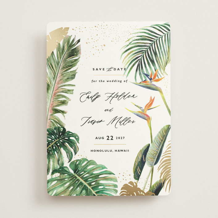 "Our Paradise" - Foil-pressed Save The Date Cards in Fern by Elly.