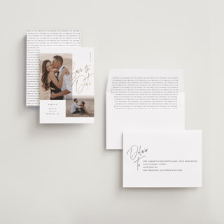 This is a ink foil stamped save the date cards with foil pressed by Kristie Kern called flirt printing on recycled smooth signature in standard