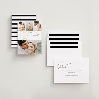 This is a cotton foil stamped save the date cards with foil pressed by Stacey Meacham called can't wait printing on recycled smooth signature in standard