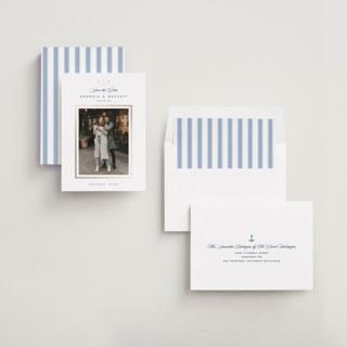 This is a royal navy foil stamped save the date cards with foil pressed by Olivia Raufman called anchored printing on recycled smooth signature in standard