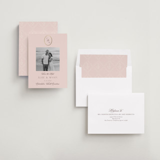 This is a rose quartz foil stamped save the date cards with foil pressed by Emily Betts called scallop monogram printing on recycled smooth signature in standard