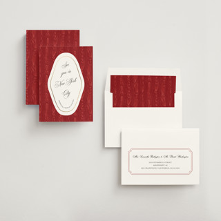This is a crimson foil stamped save the date cards with foil pressed by Studio Suku called moiré printing on signature in standard