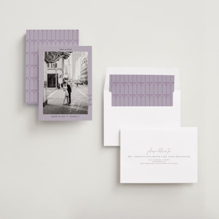 This is a lilac foil stamped save the date cards with foil pressed by Inkblot Design called metro printing on recycled smooth signature in 5x7
